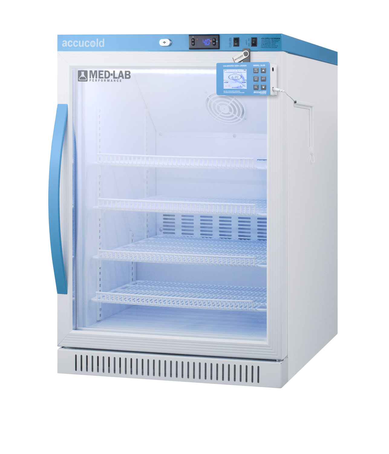 Performance series Med-Lab 6 cu.ft. freestanding ADA height glass door all-refrigerator for laboratory storage with factory-installed data logger, antimicrobial silver ion handle, and hospital grade cord with 'green dot' plug